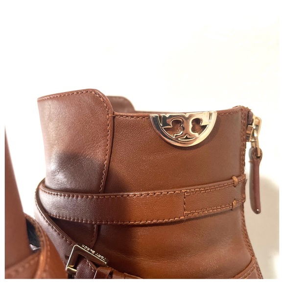 Tory Burch Sidney Low Heel Leather Ankle Bootie in Penny Brown Golden Logo Boots - Picture 7 of 13